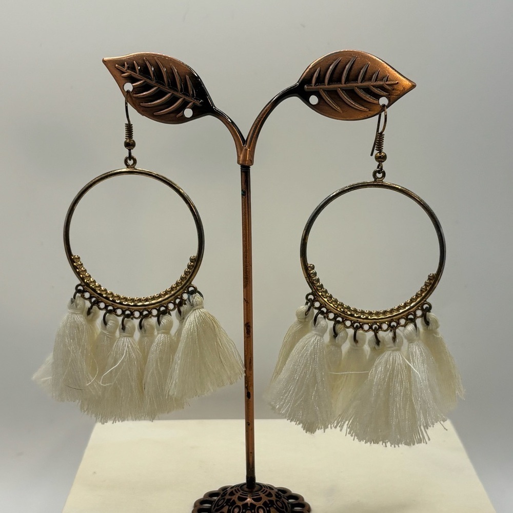 White Cream Bohemian Fringed Tassel Earrings